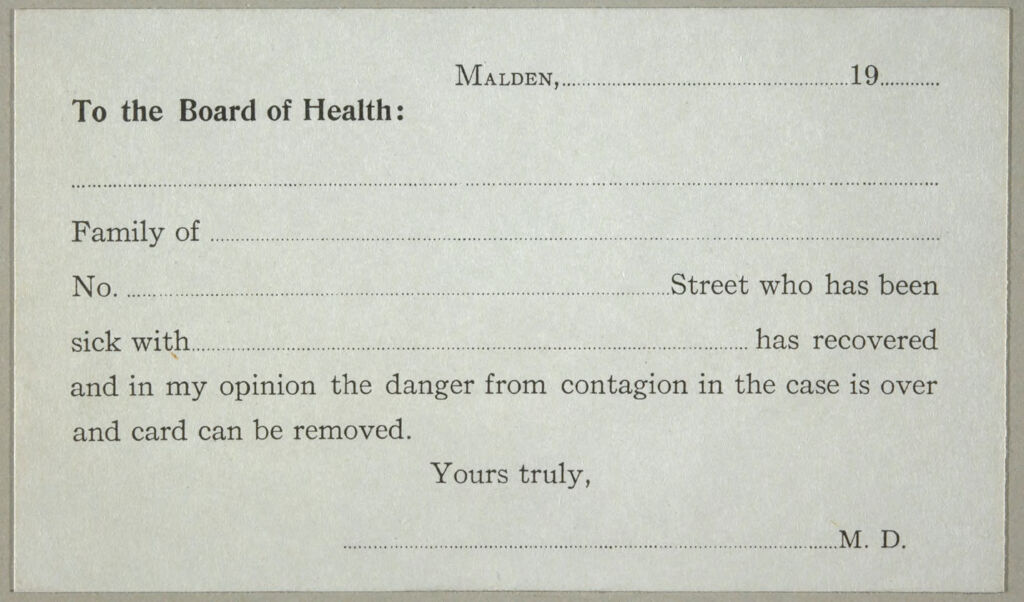 Health, General: United States. Massachusetts. Malden. Board Of Health Forms: To The Board Of Health: