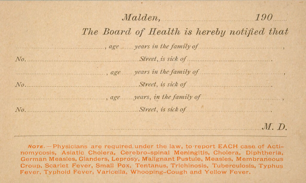 Health, General: United States. Massachusetts. Malden. Board Of Health Forms: Malden, The Board Of Health Is Hereby Notified That