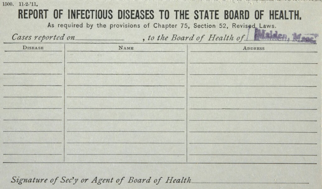 Health, General: United States. Massachusetts. Malden. Board Of Health Forms: Report Of Infectious Diseases To The State Board Of Health.