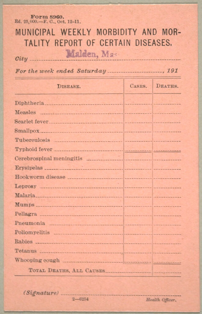 Health, General: United States. Massachusetts. Malden. Board Of Health Forms: Municipal Weekly Morbidity And Mortality Report Of Certain Diseases.