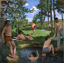 A group of young men swim in the water, relax in the grass, and wrestle.