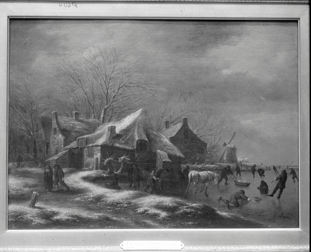 Winter Landscape With Cottages And A Windmill At The Bank Of A Frozen River
