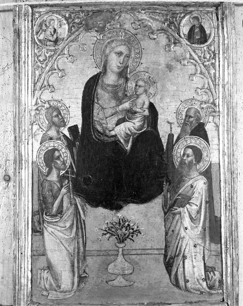 Virgin And Child With Saints John The Baptist, James, Anthony Abbot, And An Unidentified Bearded Saint Holding A Book; The Archangel Gabriel And The Annunciate Virgin In Roundels