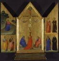 Three attached wooded panels showing scenes from the life of Jesus Christ with a gold leaf background