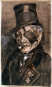 Three quarter view portrait of an older man facing left, smoking a cigar and wearing an eye patch.