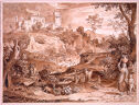 Ink and brown wash drawing of landscape with buildings and figures