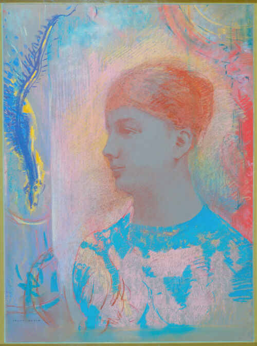 Brightly colored pastel portrait of a young woman turned to face left in profile, looking to the left.