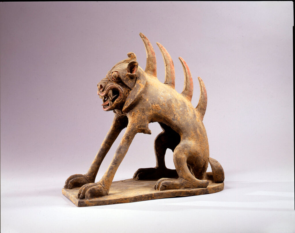Guardian Creature With Feline Face, From The Tomb Sculpture Set: Pair Of Guardian Creatures With Spiked Spines, One With A Human Face, One With A Feline Face