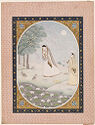 An opaque watercolor painting depicting two standing women who are dressed in pale, long dresses and veils behind their heads. The woman standing in the center is looking down at two round, grey birds. Behind her are some trees and in front of her is a pond with lily pads. The piece is framed with a thin, floral frame.
