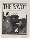 Illustration for the cover of The Savoy magazine with a woman and a mischievous cherub strolling through a park.