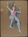 A woman in costume sitting on a trapeze bar