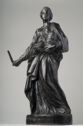 Bronze statue of woman in robes holding jar and cylindrical object