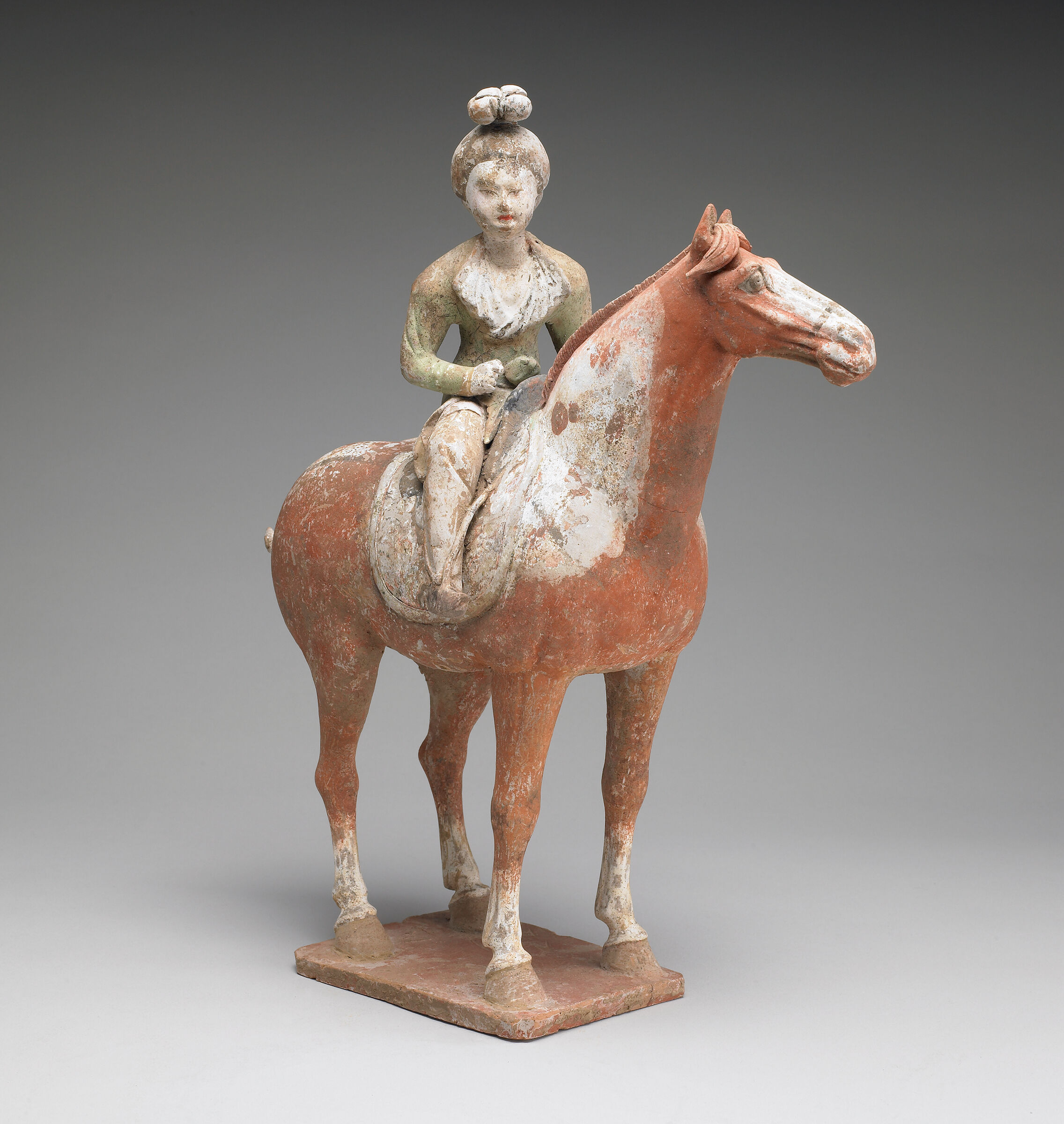 Equestrian Female, From The Tomb Sculpture Set: Two Equestrian Figures, One Male With A Tall, Elaborately Embellished Hat, One Female With Hair In A Topknot, Both With Pointed Boots, And Hands Positioned To Hold The Reins Of Their Standing, Saddled Horses