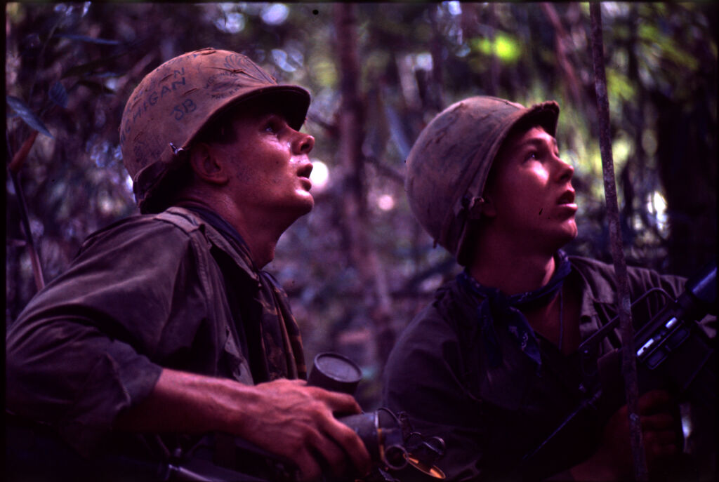 Untitled (Two Soldiers On Watch In Jungle Looking Up Into Trees During Fighting In Central Highlands Near Dak To, Vietnam)