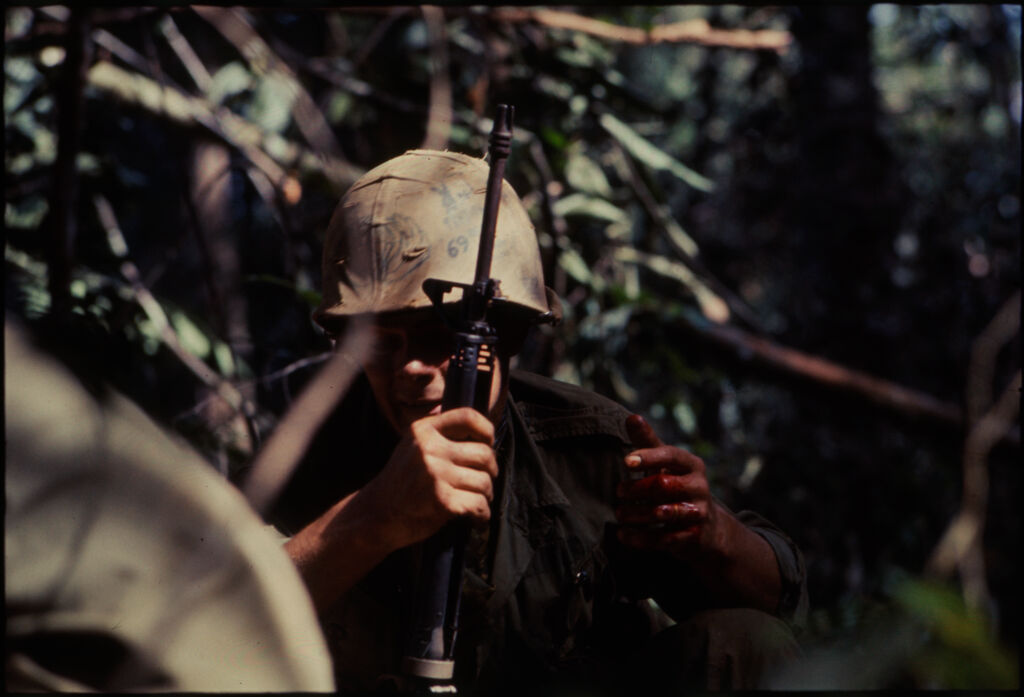 Untitled (Soldier On Watch Holding Gun During Fighting In Central Highlands Near Dak To, Vietnam)