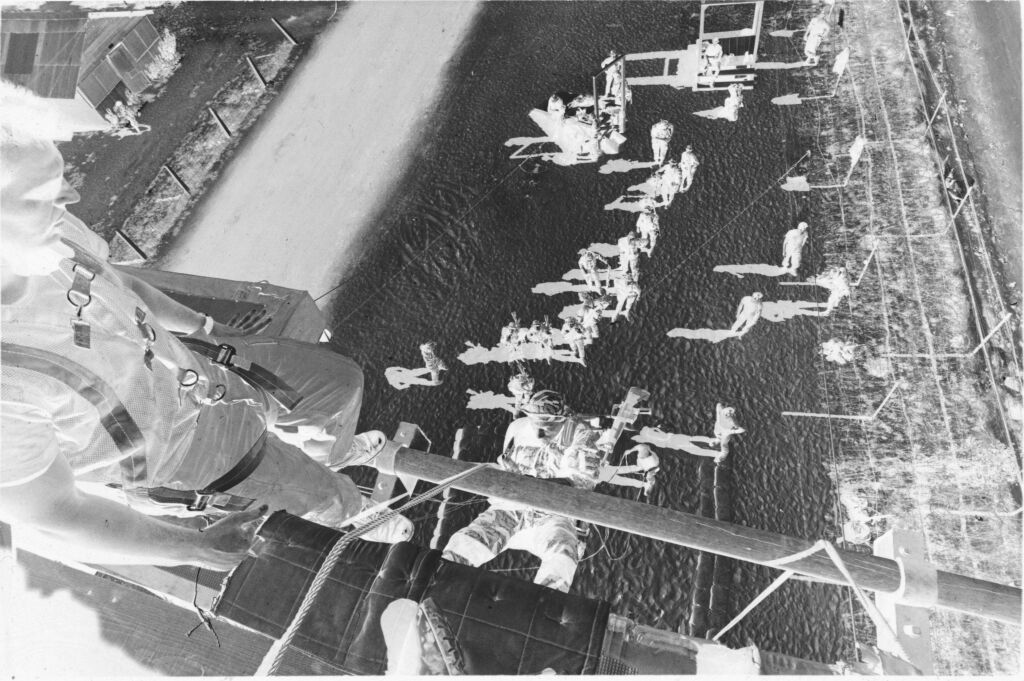 Untitled (Aerial View With Soldiers Rappelling From Tower During Recondo Training, Army Special Forces School, Nha Trang, Vietnam)