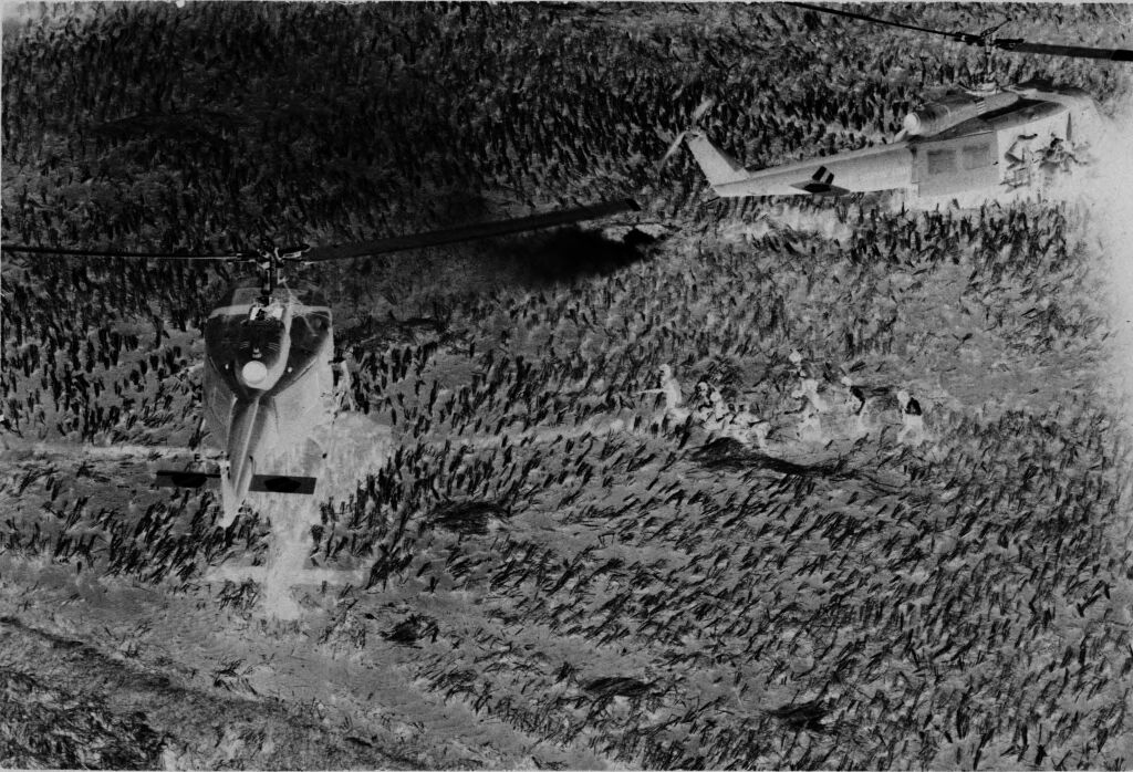 Untitled (Aerial View Of Soldiers Loading Helicopters In Field, Vietnam)