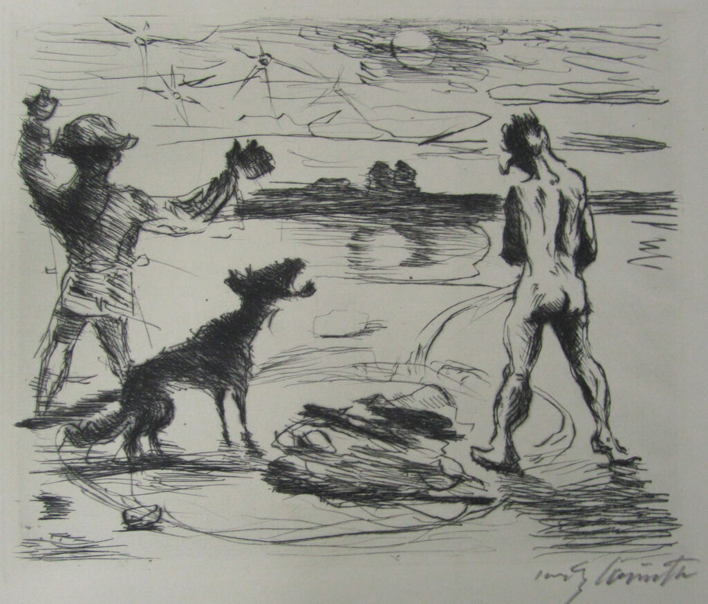 Two Men And A Barking Dog In A Moon- And Starlit Landscape