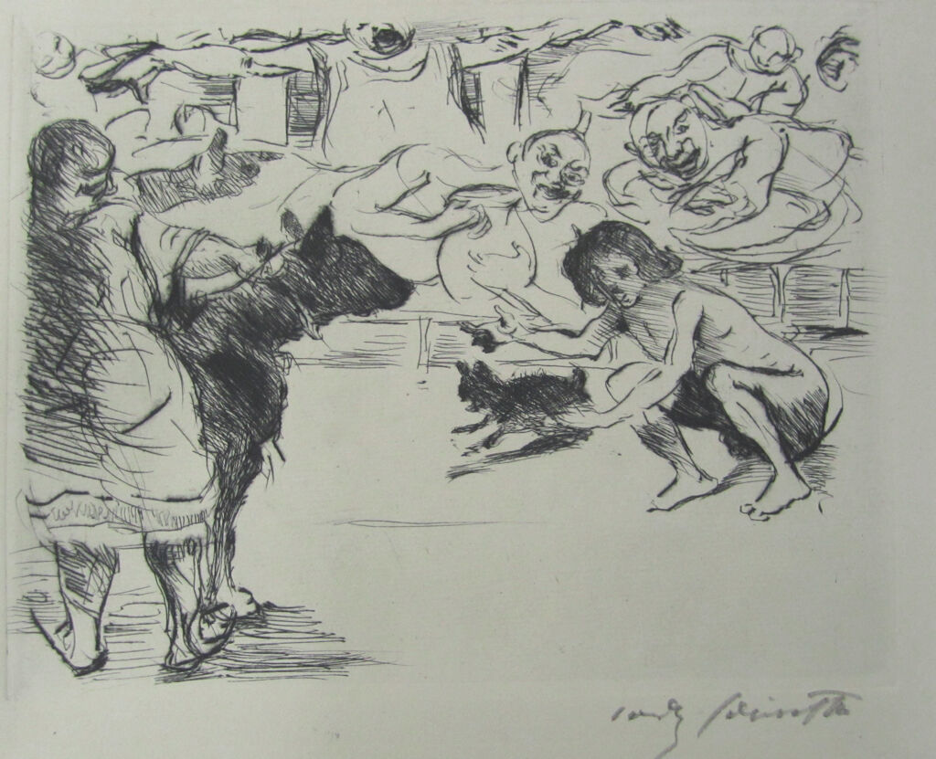 Spectators Watching A Crouching Nude Woman Releasing A Small Dog And A Slave Holding A Large Dog In An Arena