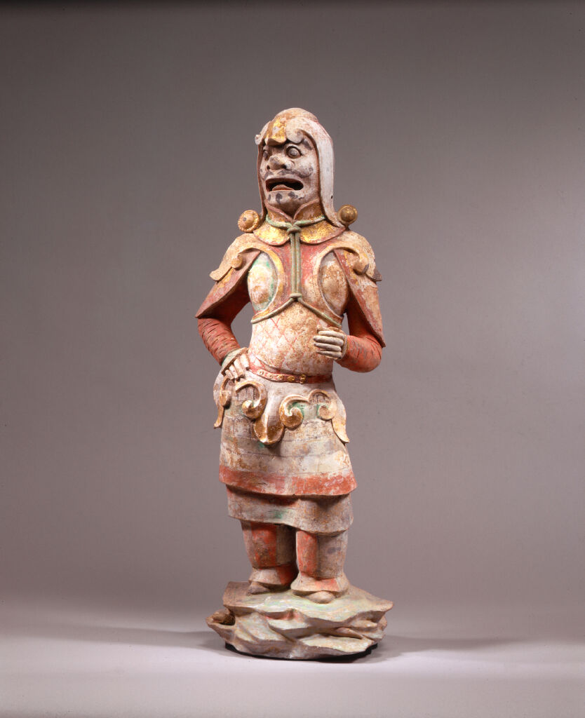 Guardian Warrior With Mouth Open, From The Tomb Sculpture Set: Pair Of Standing, Helmeted, Armor-Clad, Bearded Guardian Warriors